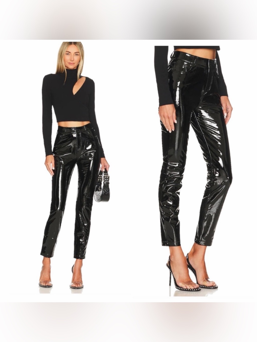 Commando Women's Black Patent Faux Leather Five Pocket High Rise Pants Sz M